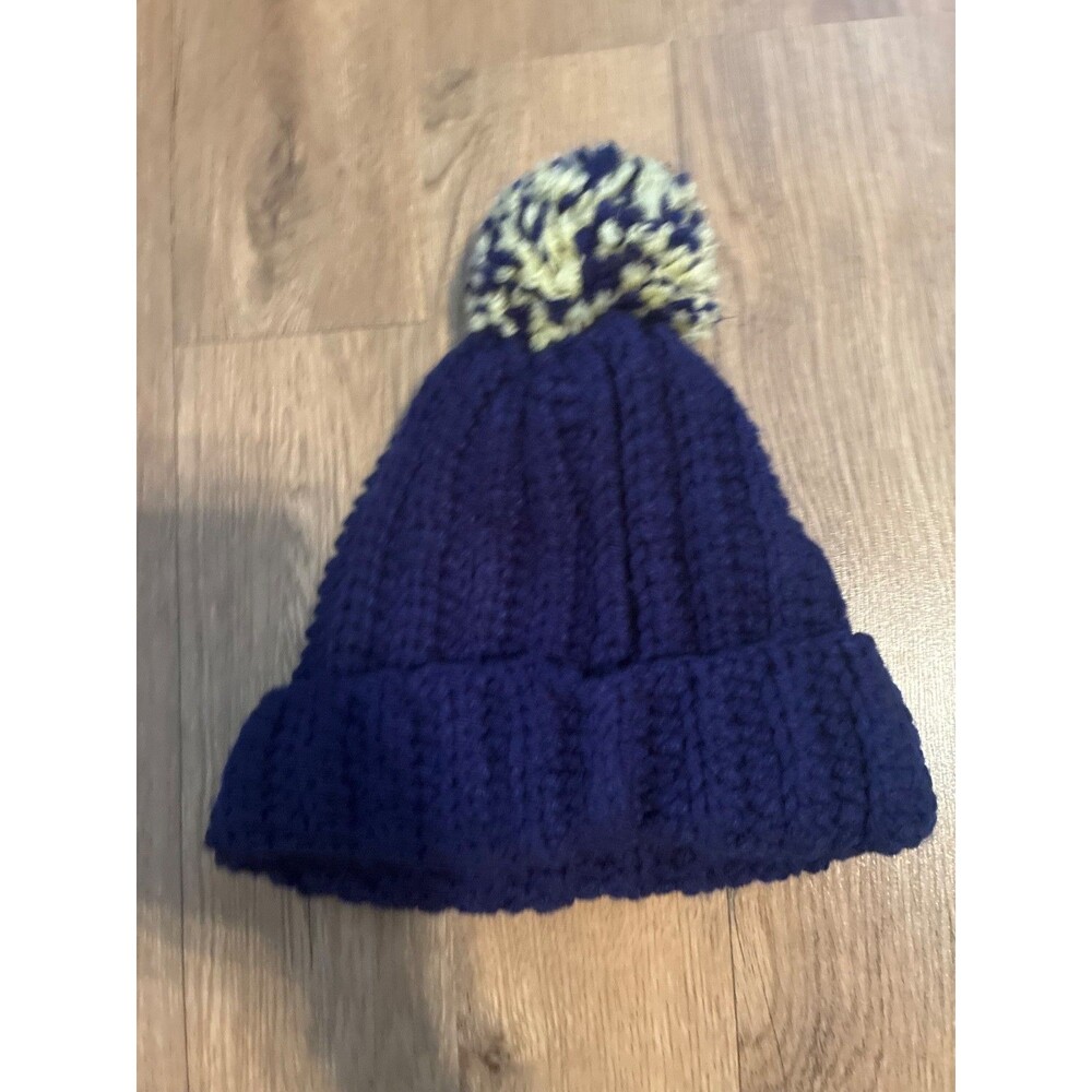 Vintage Hand Knit Chunky Beanie Pom Pom Navy Blue White Knit Winter Hat Cap Unbr